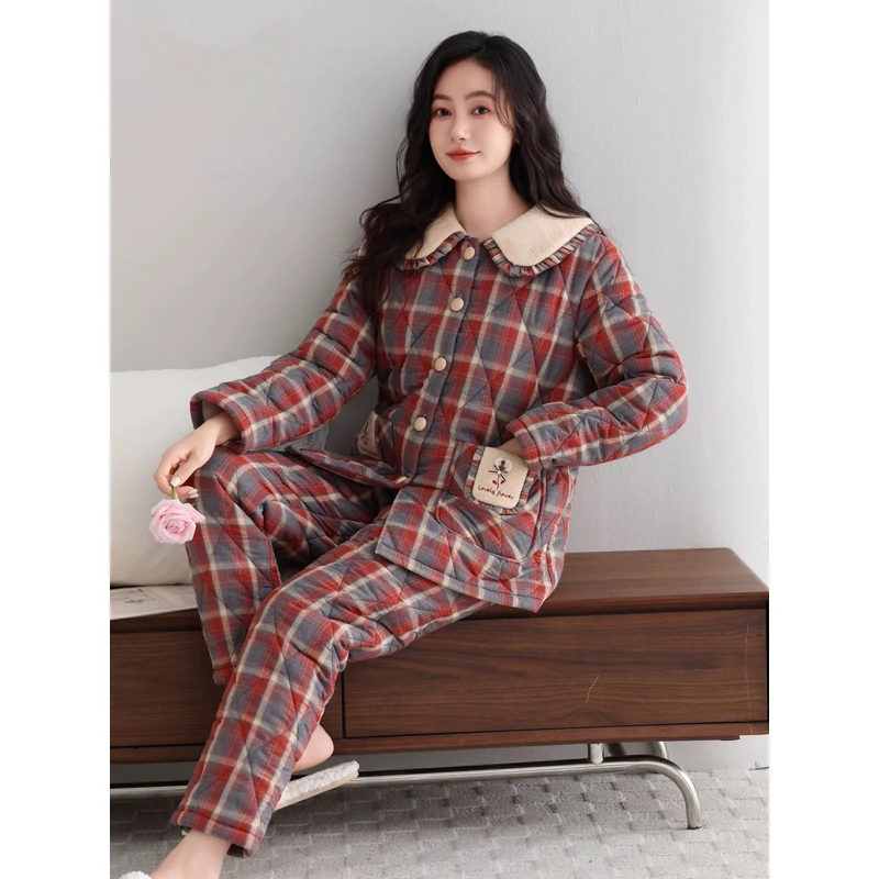 女士高档三层夹棉睡衣冬季加厚加绒梭织纯棉保暖棉袄家居服套装女