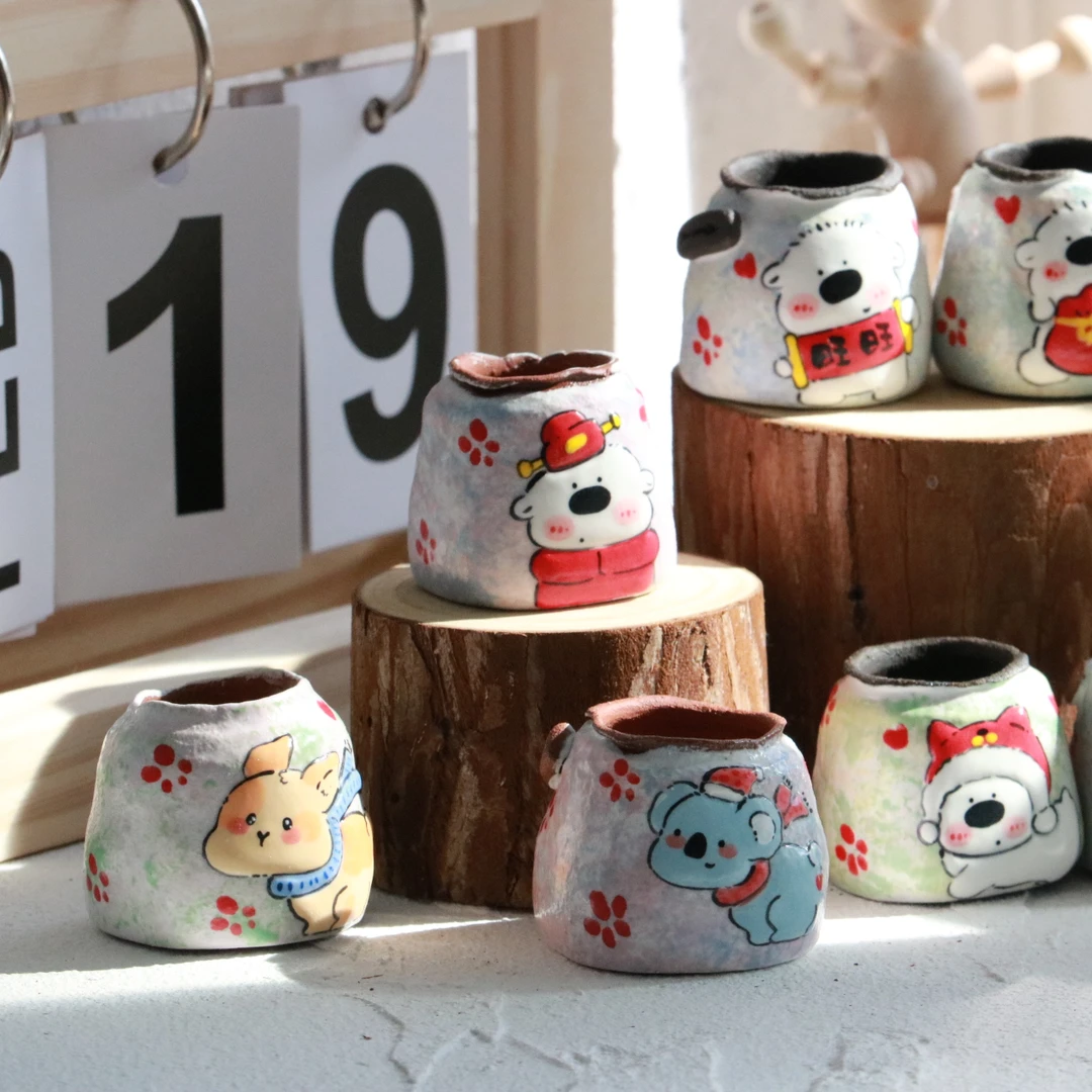 立体堆叠卡通主题创意手绘釉烧多肉拇指盆，内口2.2cm左右