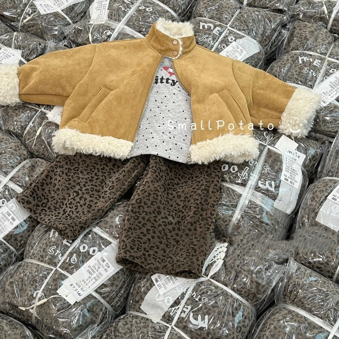 冬季新款女童洋气麂皮绒外套儿童皮毛一体立领机车服百搭裤子