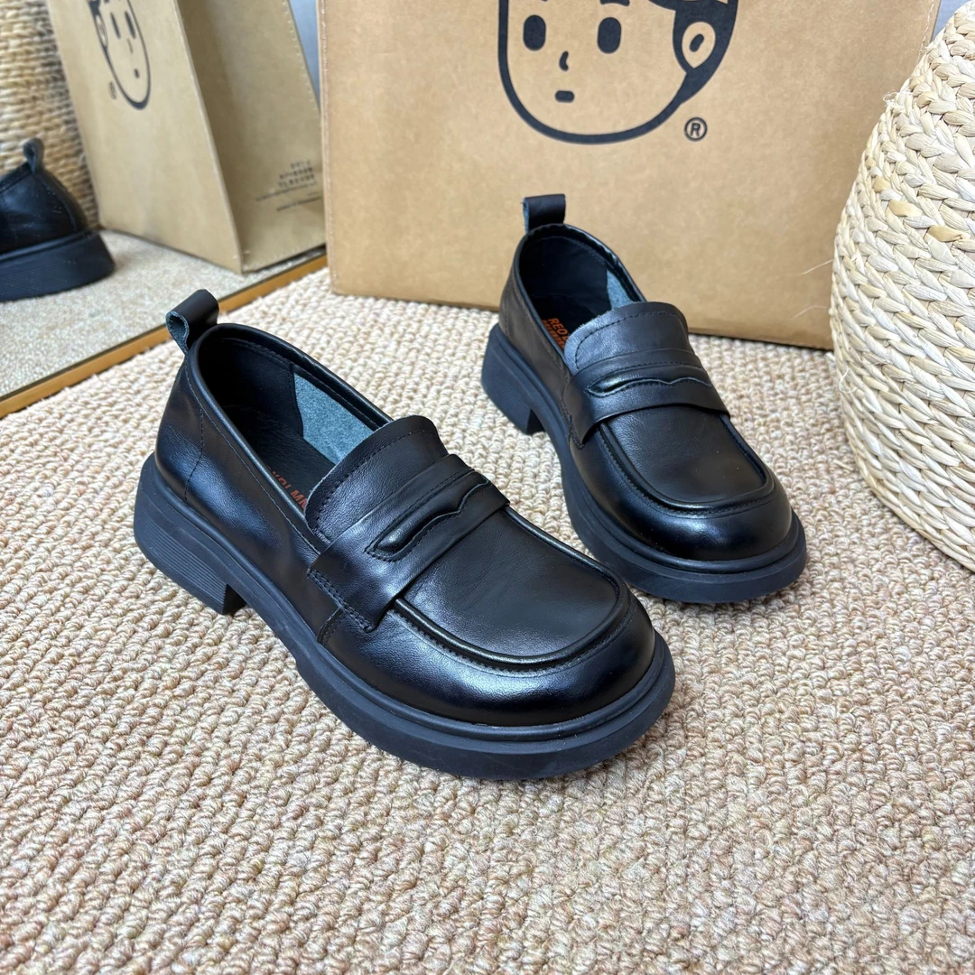 头层牛皮手工女单鞋时尚百搭一脚蹬简约乐福鞋软底软面粗跟女鞋