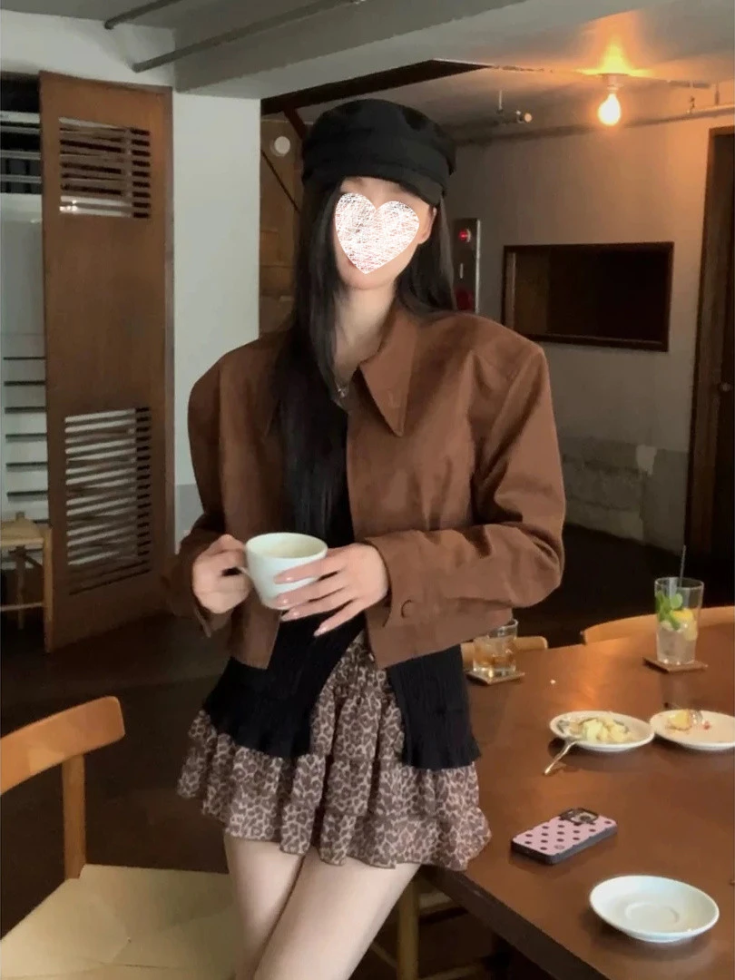 美拉德复古宽松短款拉链夹克外套女秋季甜酷休闲翻领上衣8064#