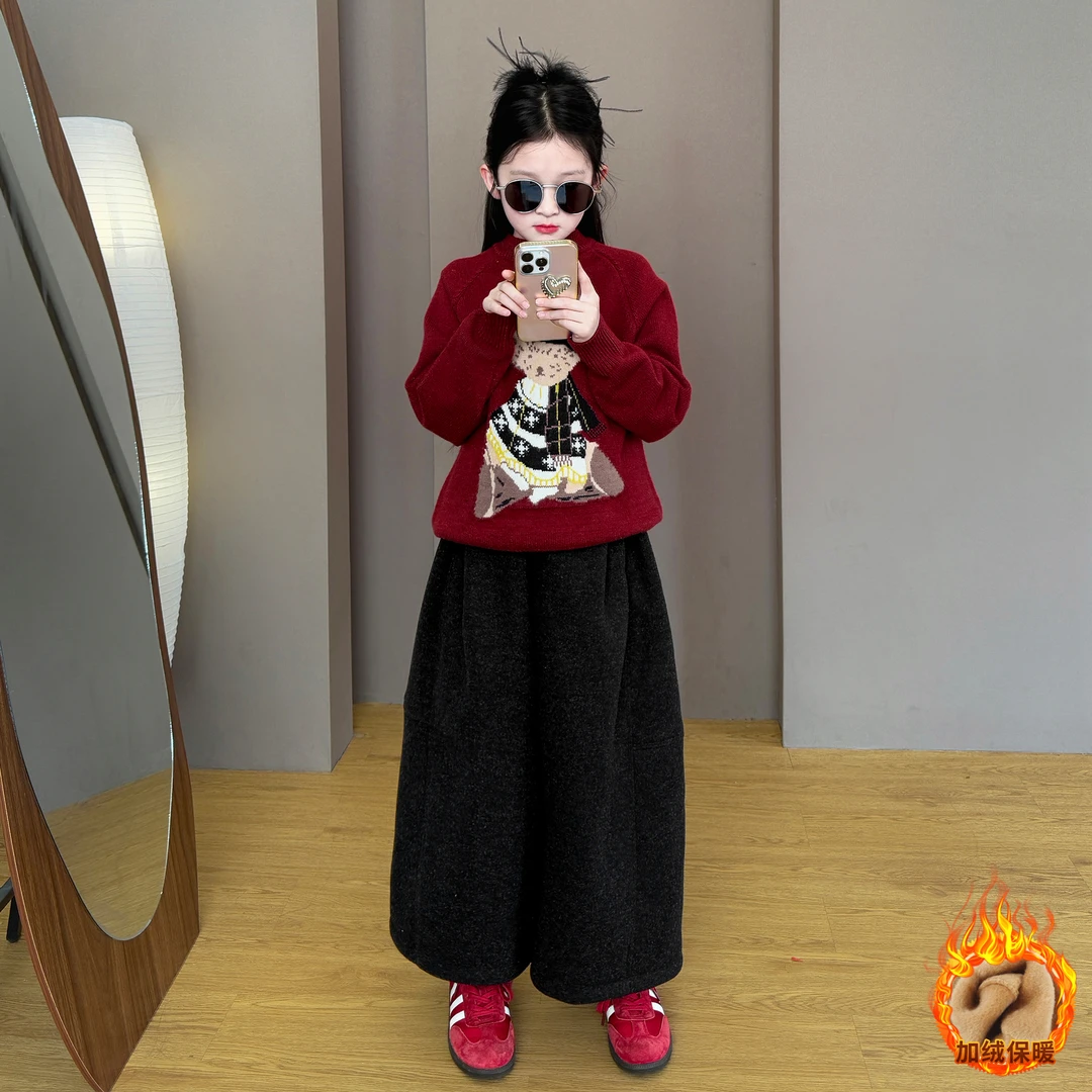 女童2025新款儿童秋冬季韩系甜美百搭保暖毛衣加绒阔腿九分裤套装