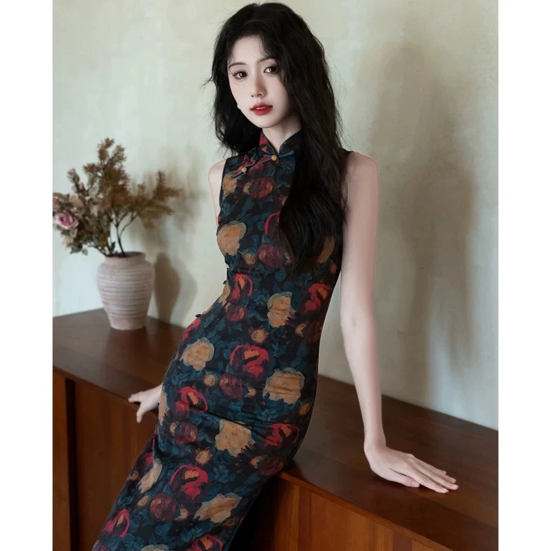 新中式无袖旗袍女中国风年轻款印花高级感复古优雅气质日常连衣裙