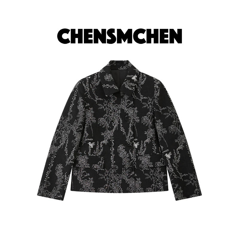 CHENSMCHEN 设计感双排扣提花翻领外套精致时尚显瘦上衣CSW6157QQ