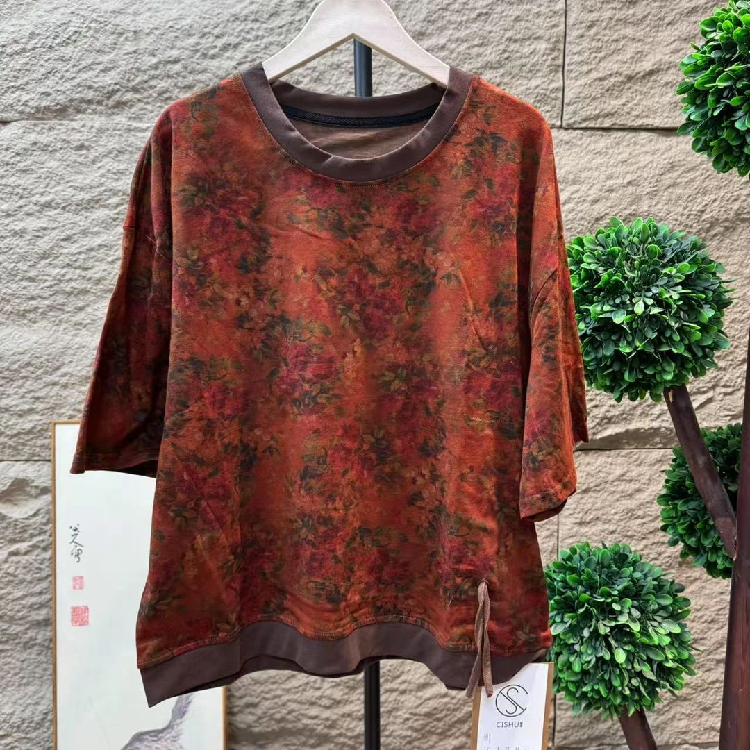 13964新款夏季休闲减龄复古清爽碎花T恤