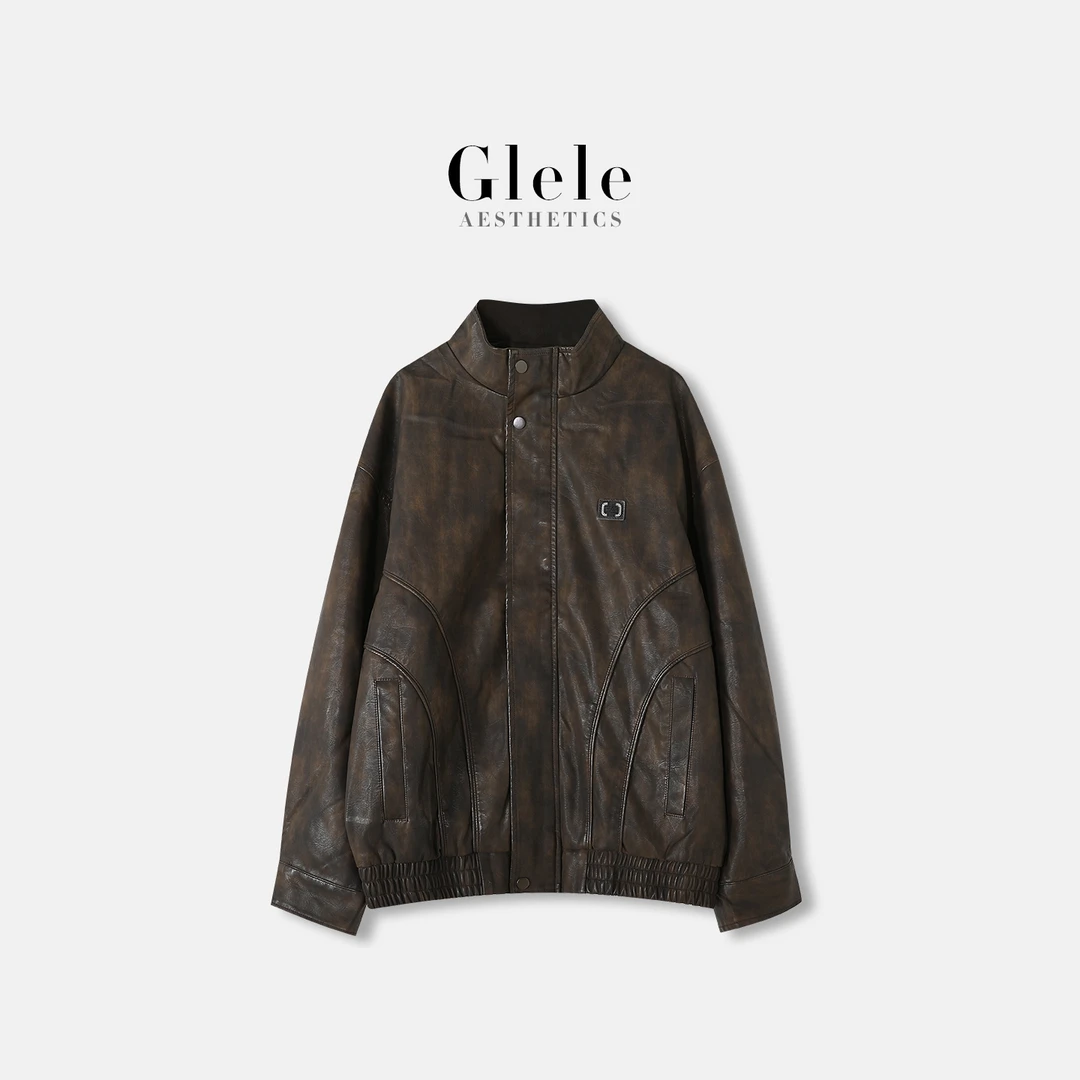 Glele私服「美式做旧感皮衣」复古飞行员肌理感立领外套