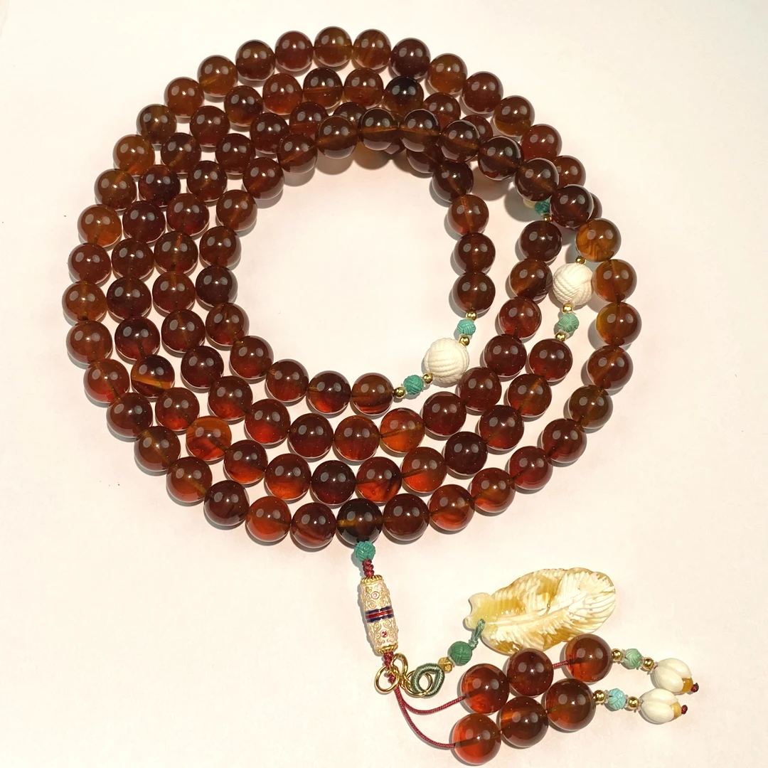 【亿轩臻选】ZX115512缅珀茶珀108毛衣链diy羽毛&绿松猛犸9mm+