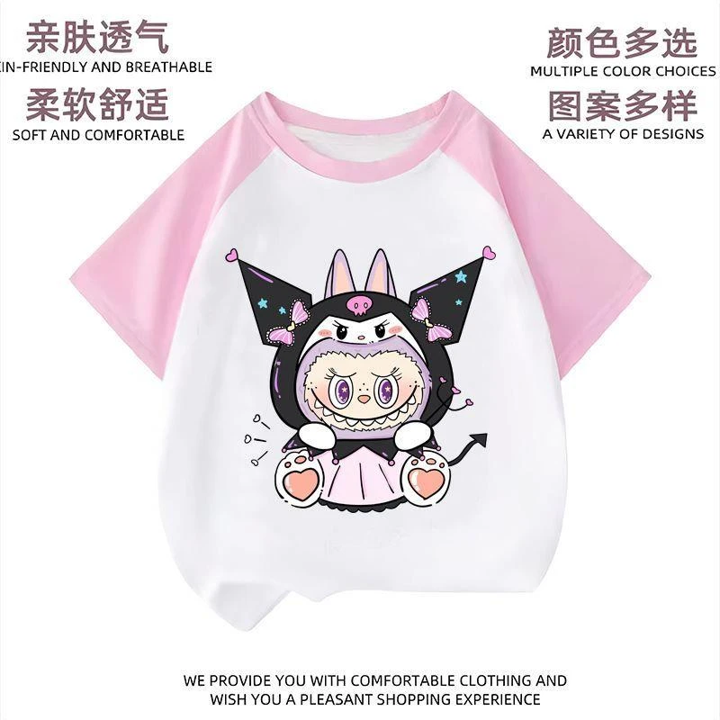 新款拉布布labubu儿童短袖T恤夏季男女童纯棉半袖衣服卡通上衣潮
