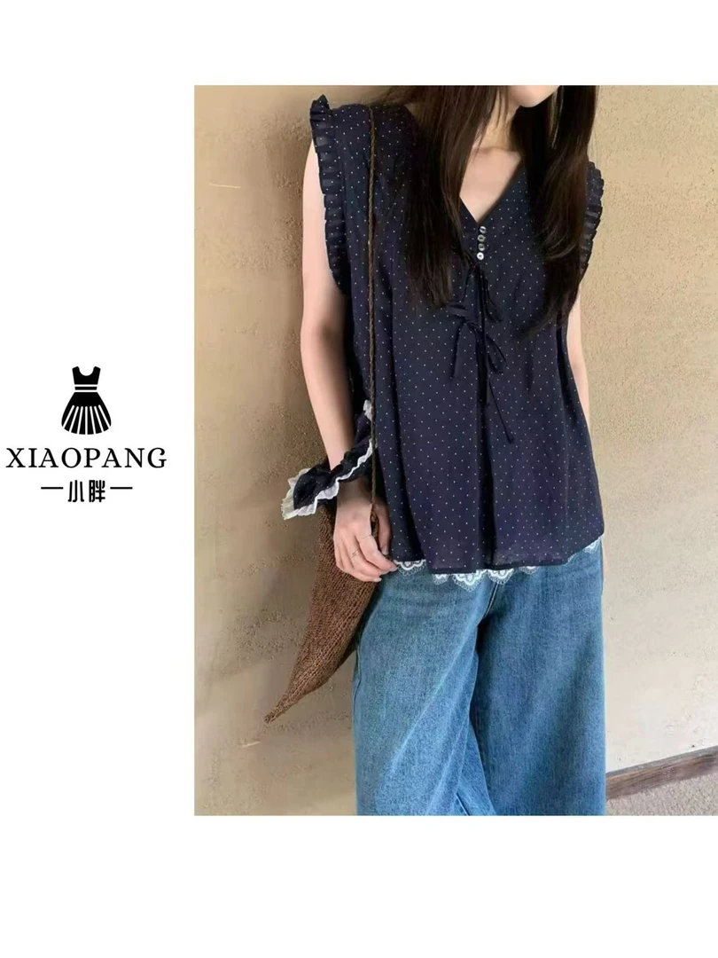 【小胖家】25158新款波点木耳边无袖衬衫
