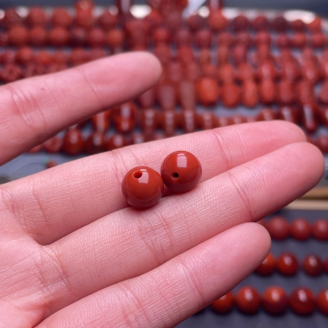 南红玛瑙未镶嵌其他W9.7瓦西柿子红圆珠一对
