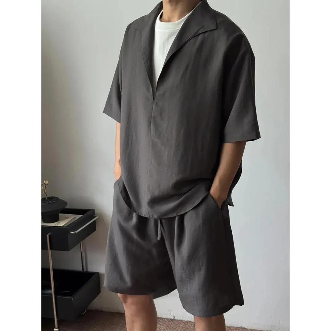 老钱风亚麻莱赛尔短袖短裤假两件套装男款夏日ootd穿搭一整套衬衫