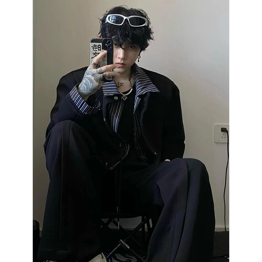 LIGGICC 设计感小众假两件条纹拼接短款夹克男秋宽松痞帅运动套装