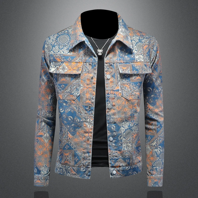 荷波撒纳温欧洲站复古牛仔外套春秋季修身潮牌休闲提花翻领夹克衫