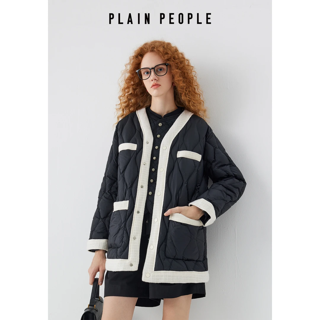 PLAIN PEOPLE法式小香风V领撞色鹅绒羽绒服女墨黑色冬季款