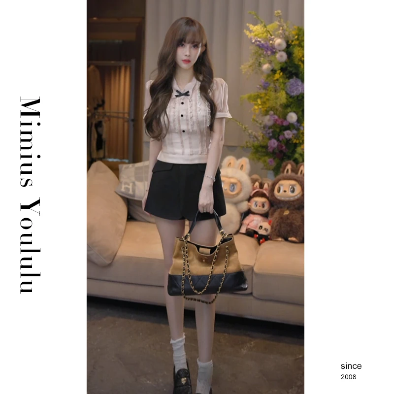 【mimius】P 精致千金风蕾丝花边蝴蝶结翻领短袖衬衫+短裤 G07104