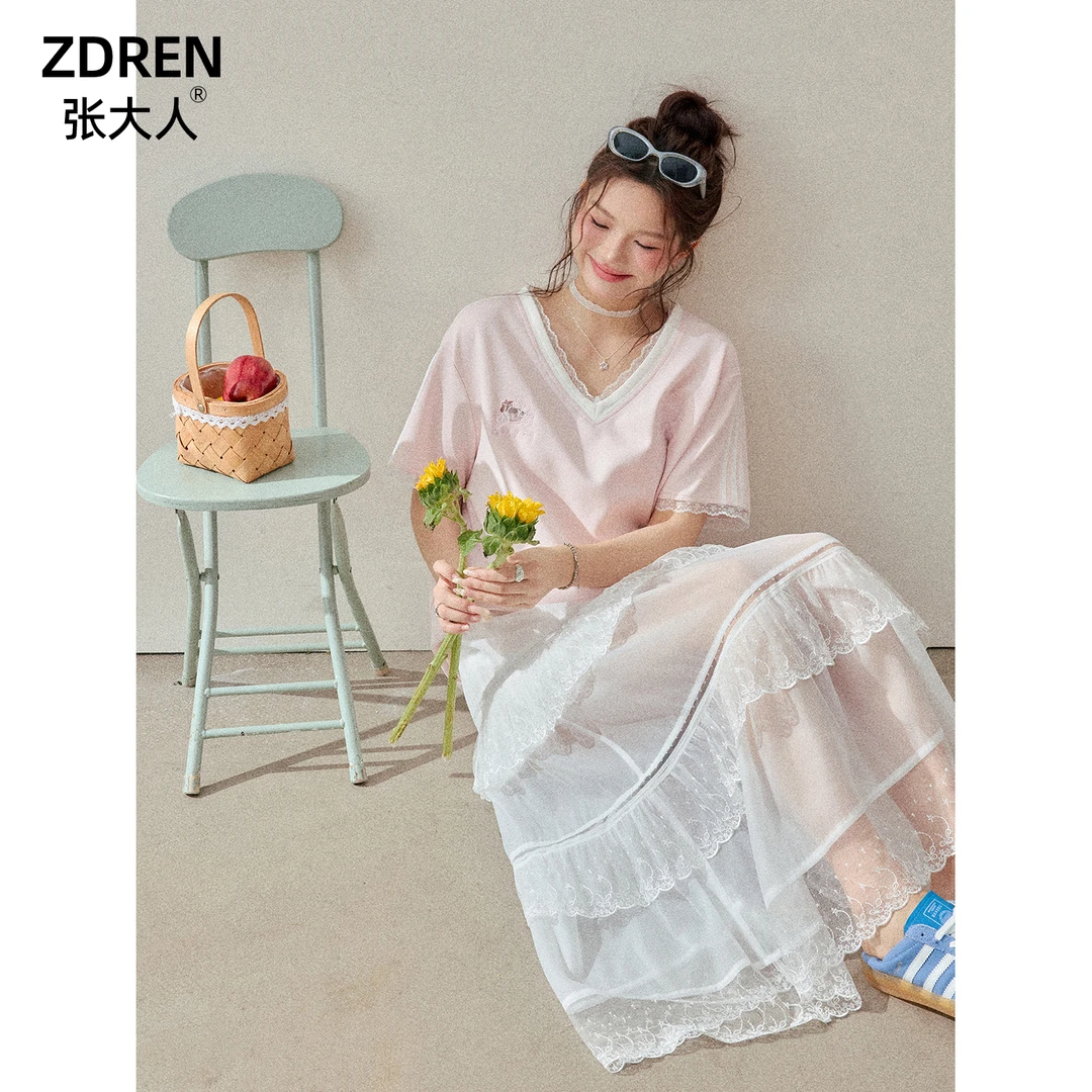 张大人【甜夏稚心】大码女装微胖妹妹仙气镂空半裙搭花边v领T套装