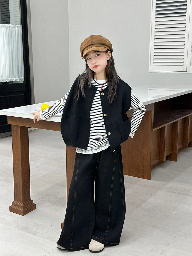 女童秋装套装2025新款潮酷小女孩体恤马甲长裤三件套衣服中大童潮