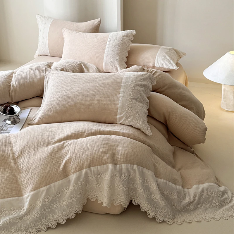法式公主风蕾丝双层皱皱纱全棉四件套软绵绵糯唧唧床上用品