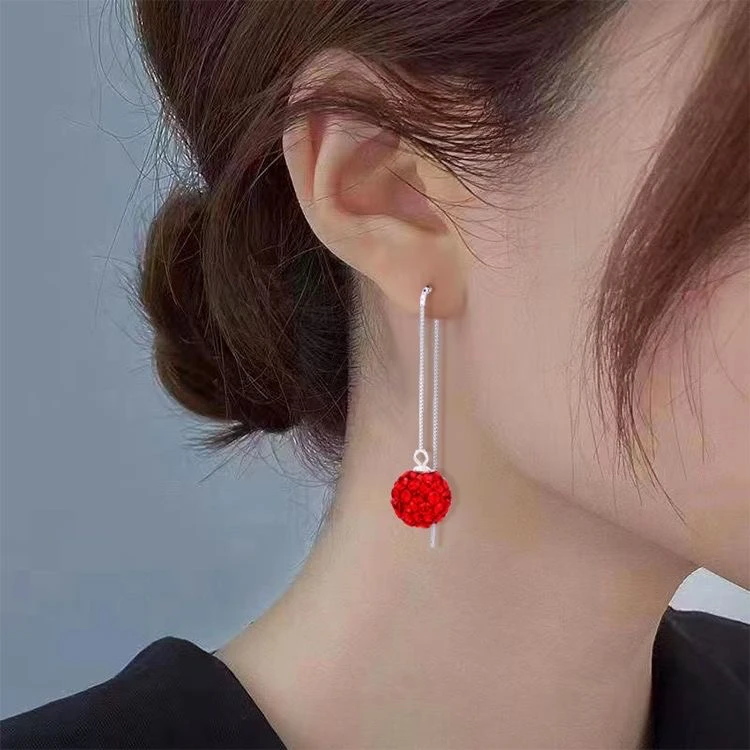 足银合成锆石耳饰 足银9厘米红色耳钉耳线韩版网红耳环防过敏长款