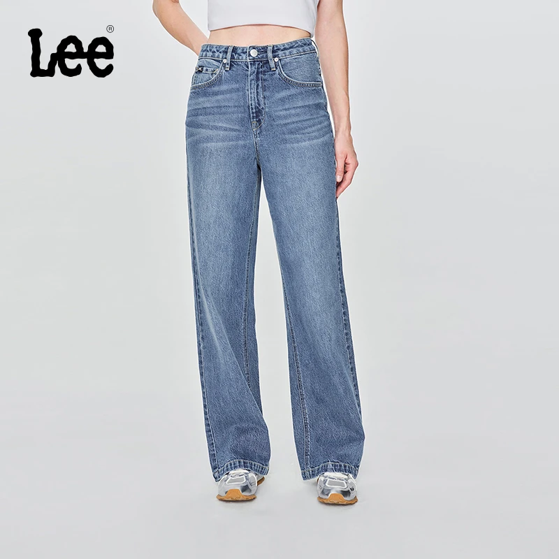 【张凌赫代言】Lee25早秋428懒懒裤舒适高腰直脚中蓝女牛仔裤
