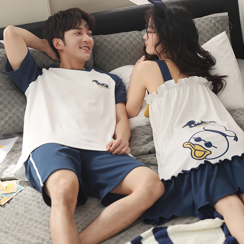 情侣睡衣夏季薄款纯棉甜美吊带无袖睡裙女可爱卡通休闲男士家居服
