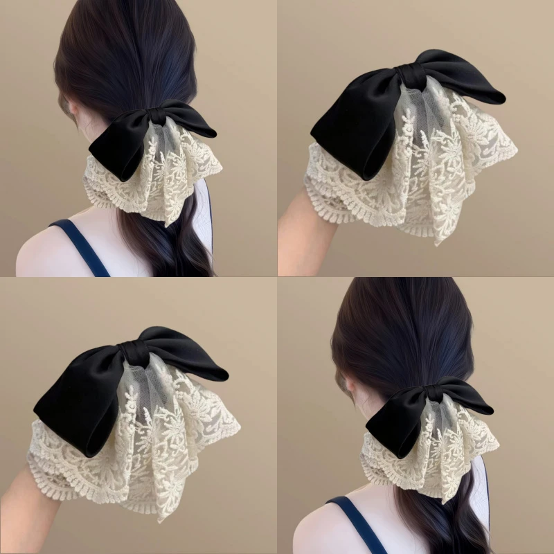 2025ins优雅立体蕾丝蝴蝶结马尾抓夹韩国温柔气质纯色顶夹发夹女