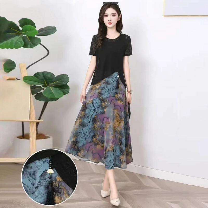 夏季复古提花套裙时尚气质百搭背心裙上衣两件套045