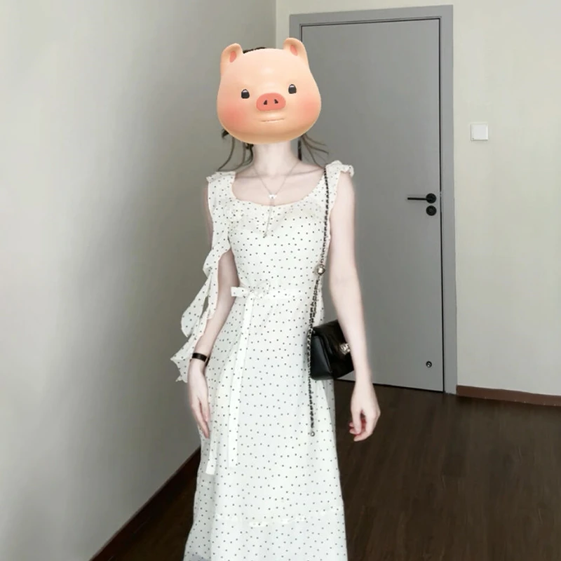 2214法式白色波点背心连衣裙子女夏季2025设计感小众气质收腰长裙