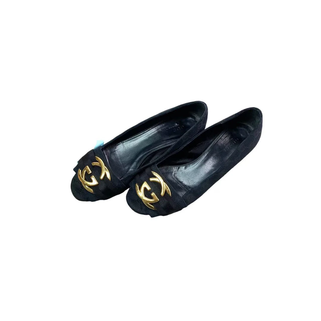 95新 GUCCI/古驰 pp590 黑色金扣双G平底鞋 36.5码微瑕
