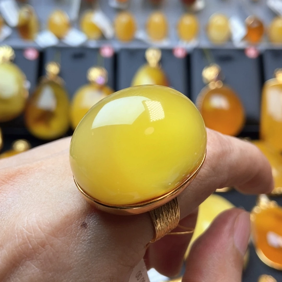 琥珀银S925镀金镶嵌戒指