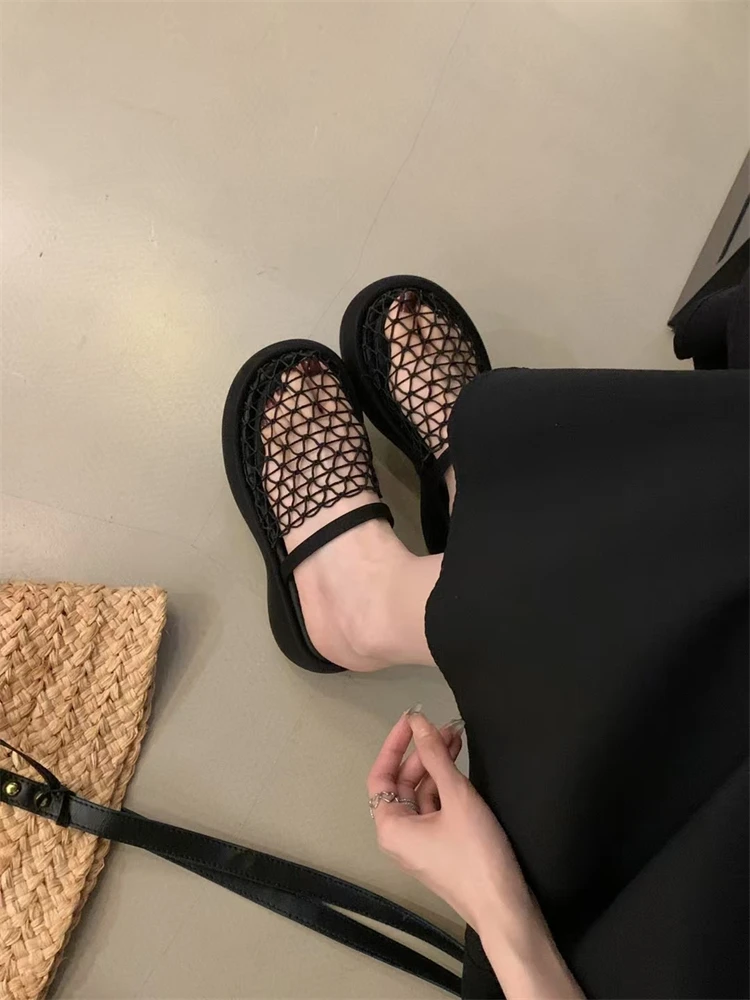 1888-1松糕厚底渔网鞋缕空黑色透气包头凉鞋夏季小个子一字凉拖