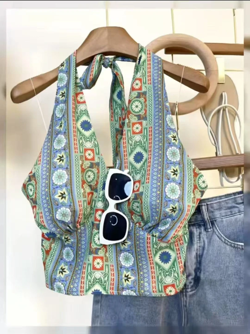 2025夏季新辣妹挂脖背心女印花减龄百搭上衣挂脖绑带外搭薄款上衣