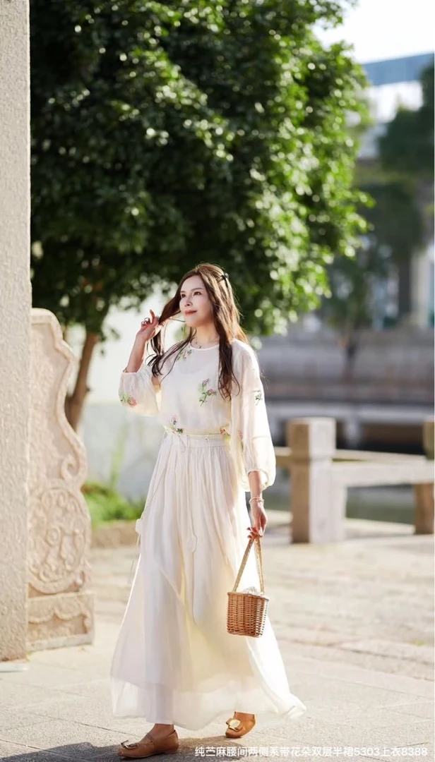 5303纯苎麻双层腰间系带手工半裙