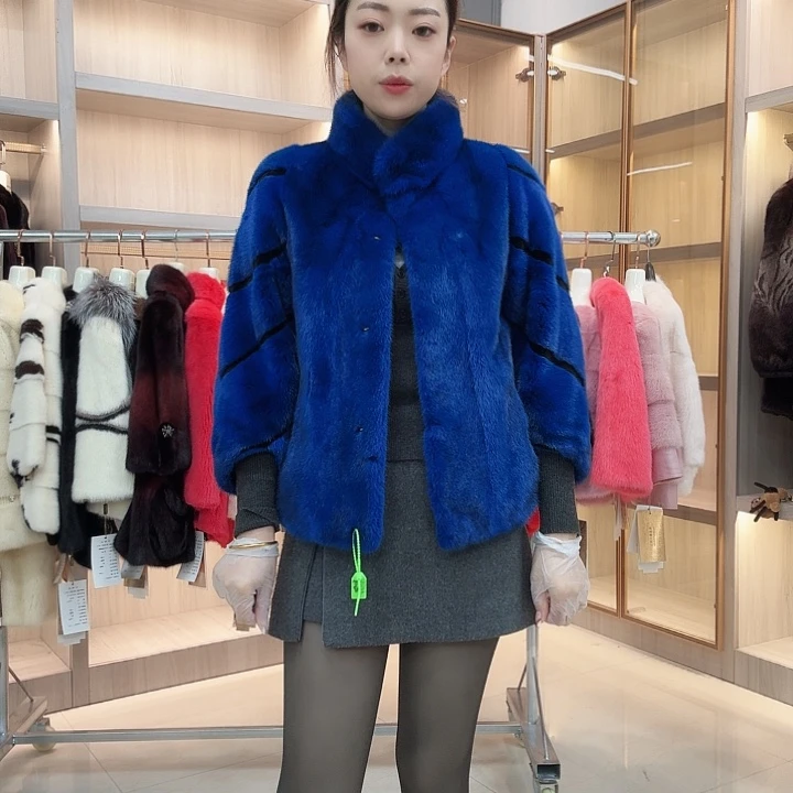 蓝色立领貂皮yh0980