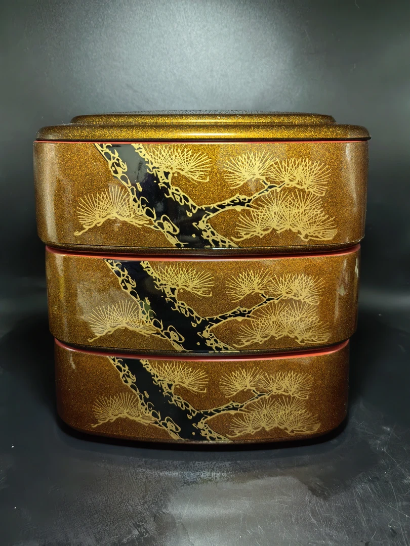 木粉大金漆松树三层食盒复古收纳盒家用03全新全品轻奢手绘