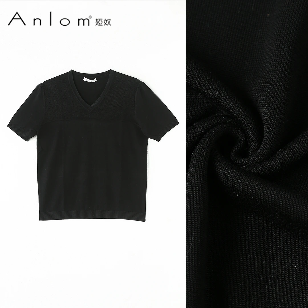 Anlom/娅奴春夏九分袖新款V领黑色休闲桑蚕丝针织衫女上衣套头衫