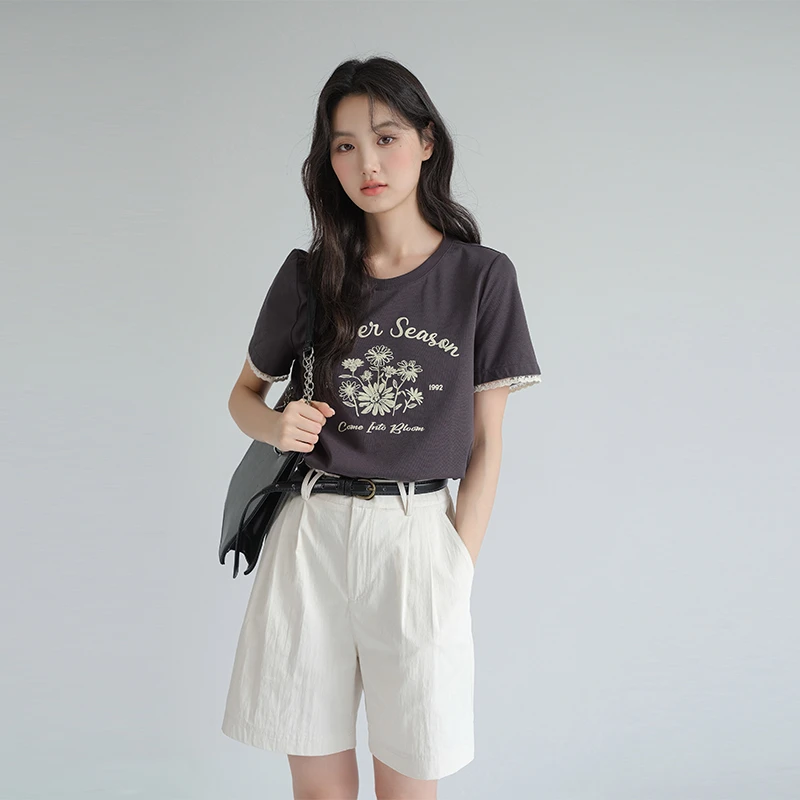 蓝若水大码女装ins印花正肩t恤2025胖MM夏蕾丝拼接短袖上衣86817