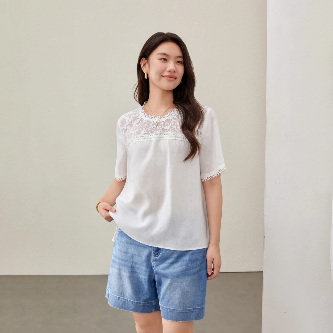 【优雅蕾丝拼接气质】纤莉秀大码女装莱赛尔衬衫QK1983
