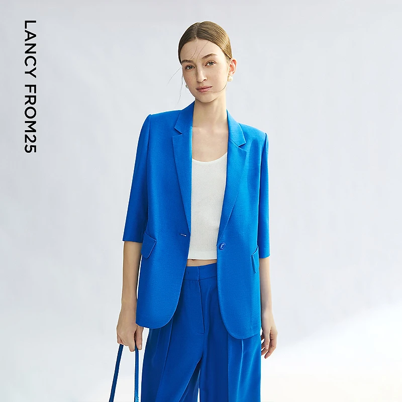 朗姿宝蓝色设计感商务西装外套平驳领ol西服2025年夏季新款