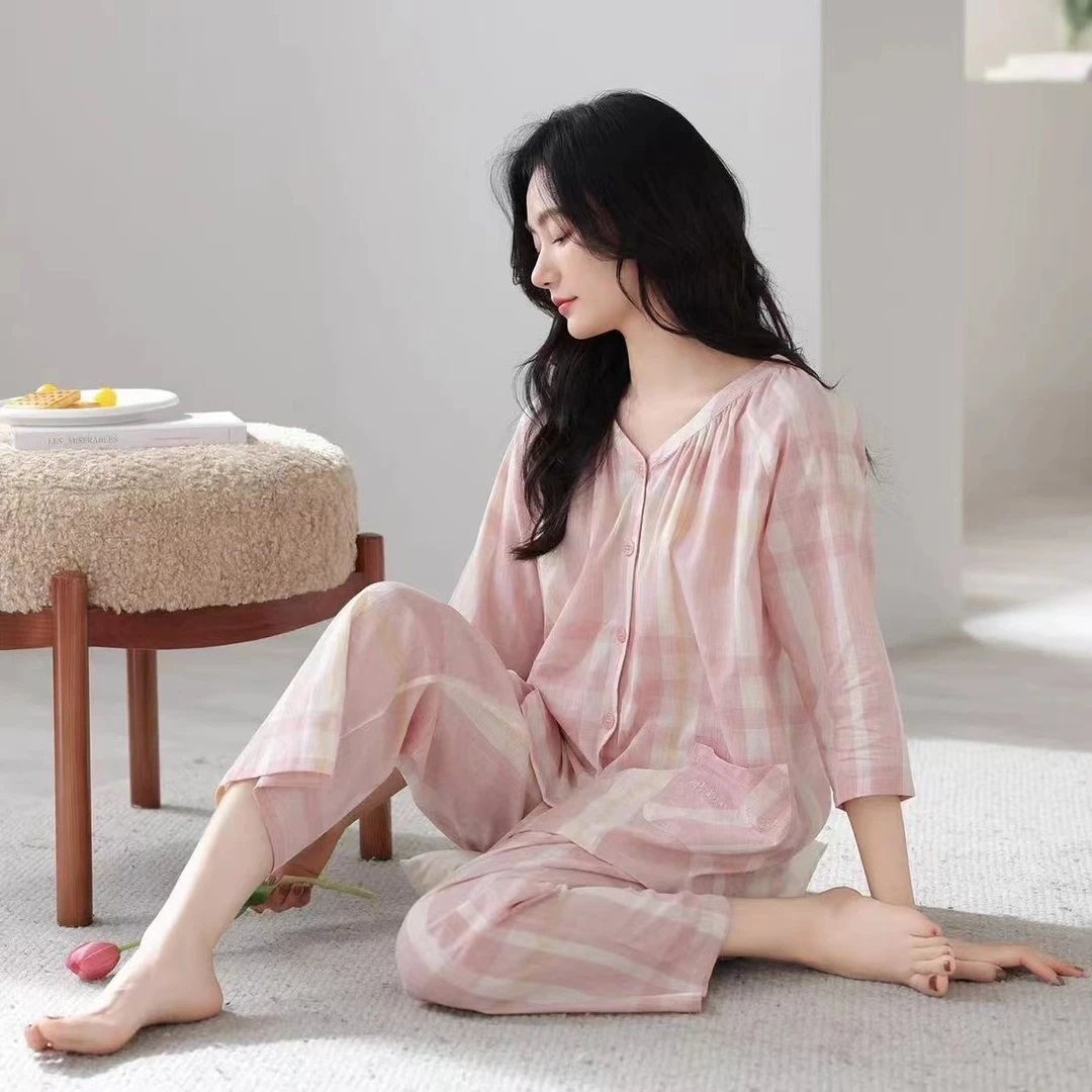 甜美ins风半袖格纹V领开衫睡衣女2025年春秋新款薄款可外穿家居服