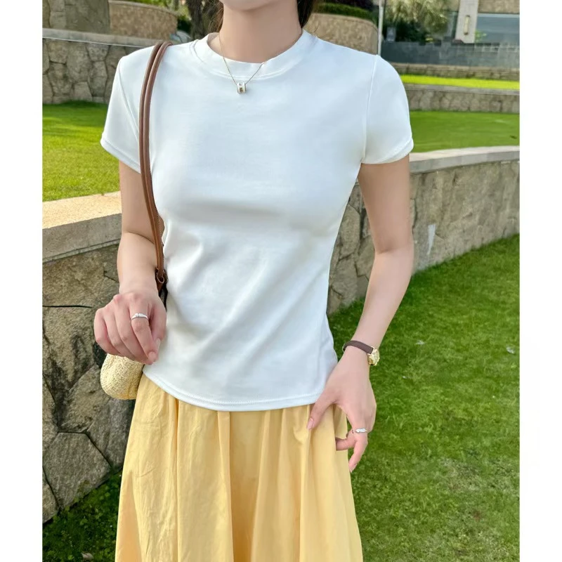 圆领正肩褶皱短袖2025新款夏季T恤女修身高级感上衣