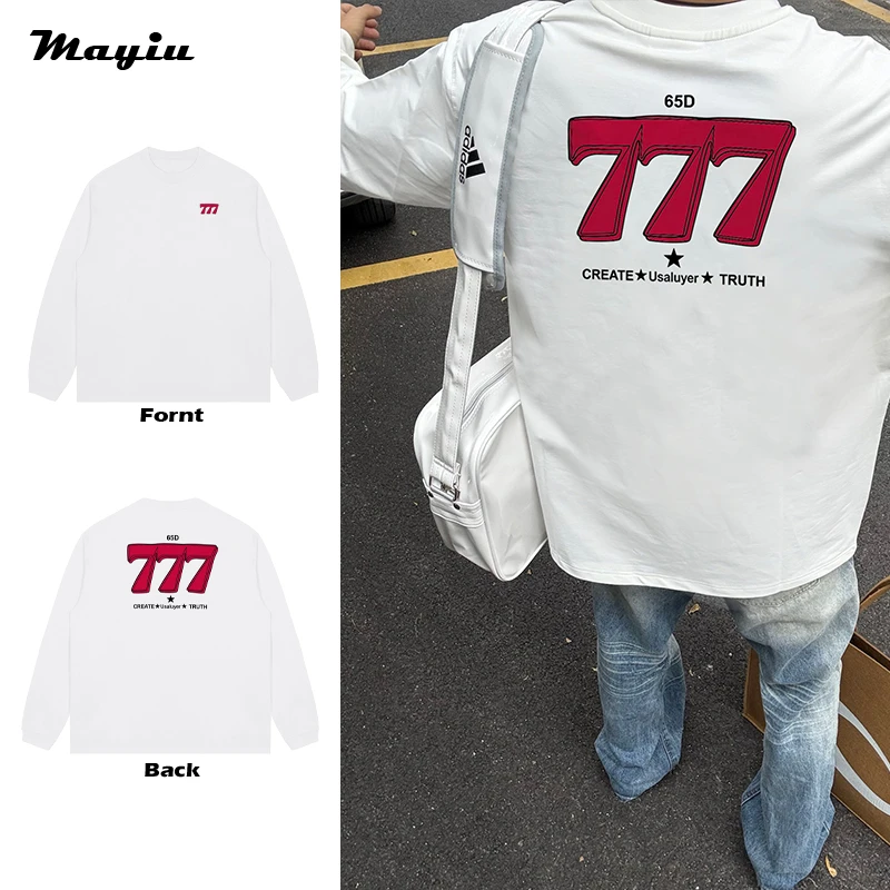777数字潮流vintage潮牌秋季嘻哈复古印花圆领T恤男女长袖上衣