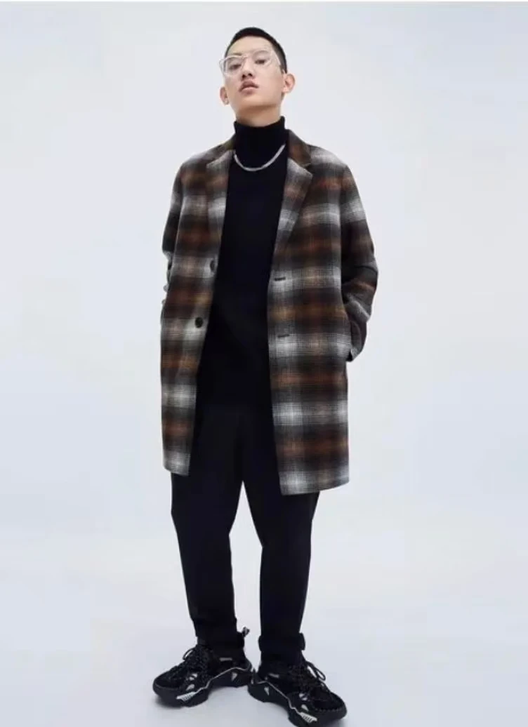 (G)6001K男装毛呢外套黑咖格子长款羊毛大衣