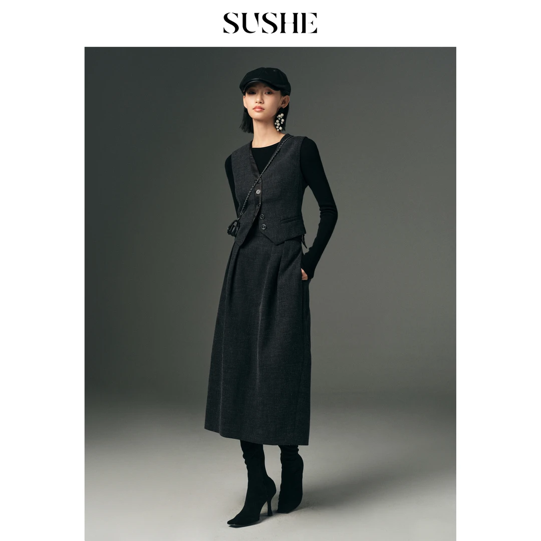 束皙SUSHE西西里洋气老钱风2025春季新款拼接马甲半身裙套装女