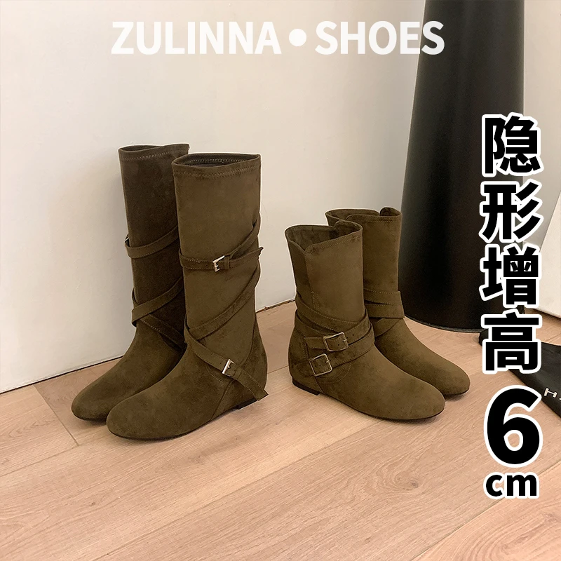 2025秋冬季新款韩系圆头百搭扣带柔软褶皱显瘦厚底增高中高筒女靴