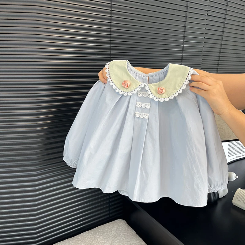 女童春秋季新款衬衣清新花朵翻领宝宝衬衫女孩洋气百搭长袖上衣潮