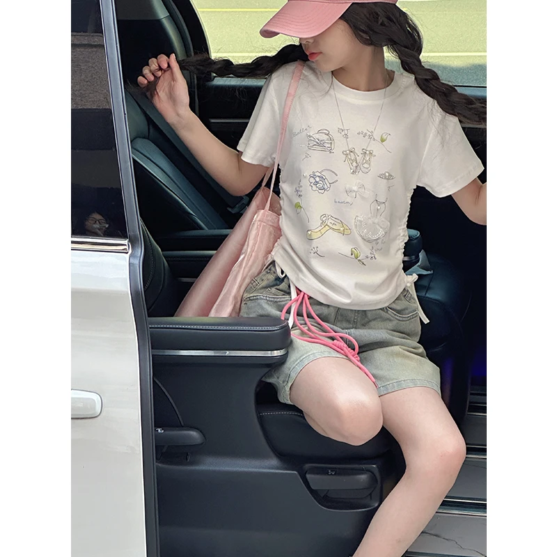 K28646芭蕾风女童短袖T恤2025新款夏装儿童收腰上衣修身衣服时尚t