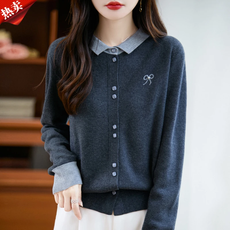 时尚品牌女装秋冬新款刺绣蝴蝶结拼色针织衫开衫宽松百搭外搭上衣