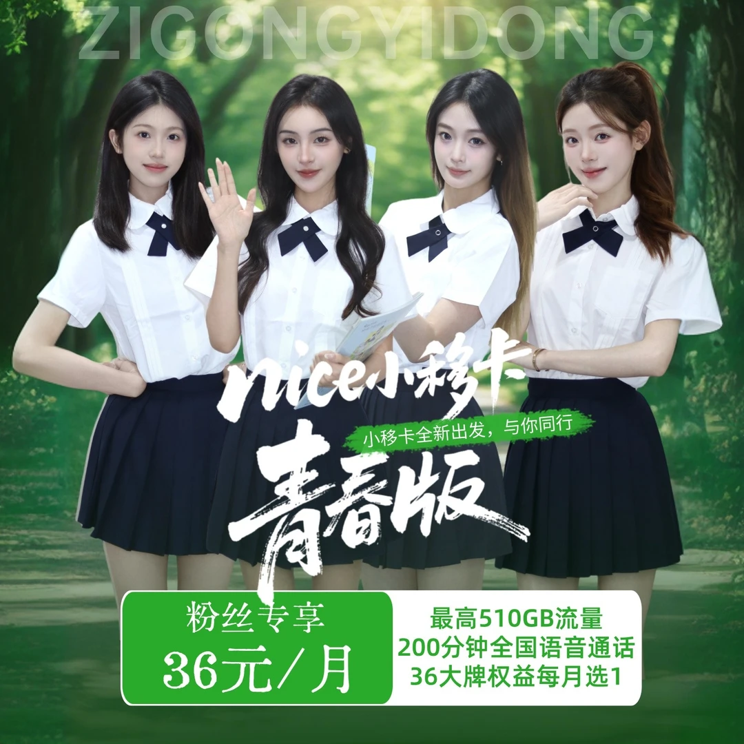 【自贡移动】nice小移卡青春版510G流量自选会员200分钟通话时长