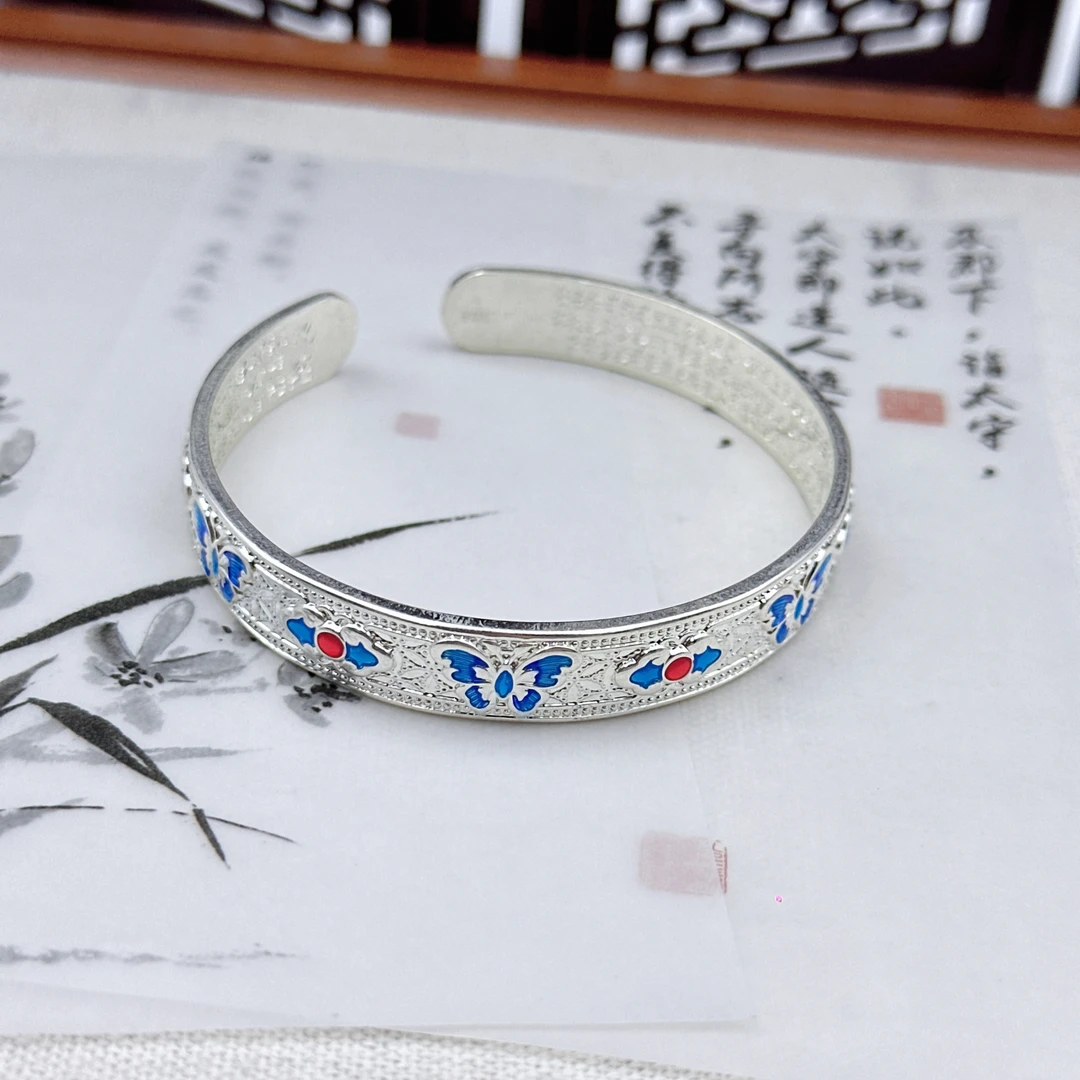 蝴蝶珐琅9999银手镯女轻奢时尚实心开口心经手环百搭精致镯子